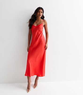 Red Cross-Strap Satin Slip Maxi Dress