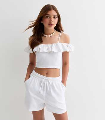 Girls White Drawstring Linen-Blend Shorts