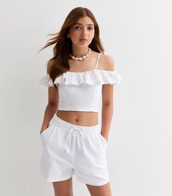 Girls White Drawstring Linen Blend Shorts New Look