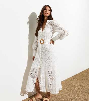 White Embroidered Belted Midi Dress