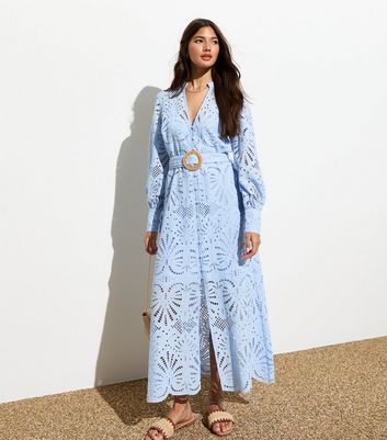 Light Blue Embroidered Belted Midi Dress New Look