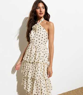 White Spot-Print Halter-Neck Tiered Maxi Dress