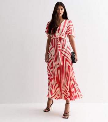 Tall Red Abstract Print Satin Pleated Midi Wrap Dress New Look