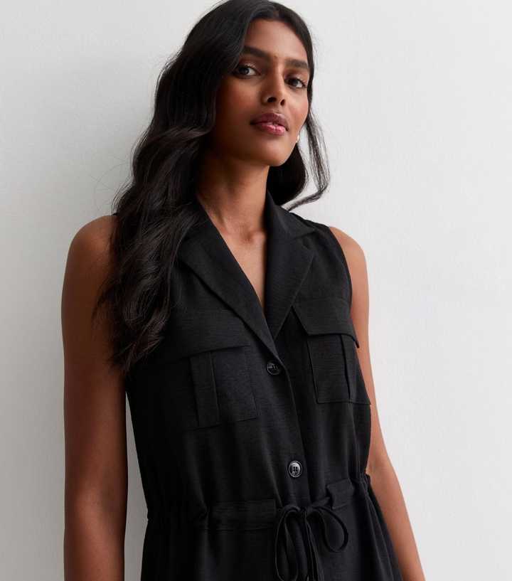 Black Sleeveless Utility Shirt Dress Black Sleeveless Utility Shirt Dress