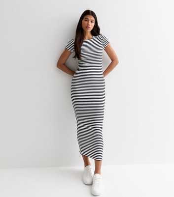 Tall White Stripe Ribbed Cap Sleeve Midi Dress