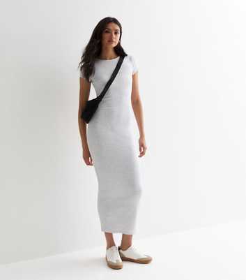 Tall Pale Grey Ribbed Short Sleeve Midi Dress