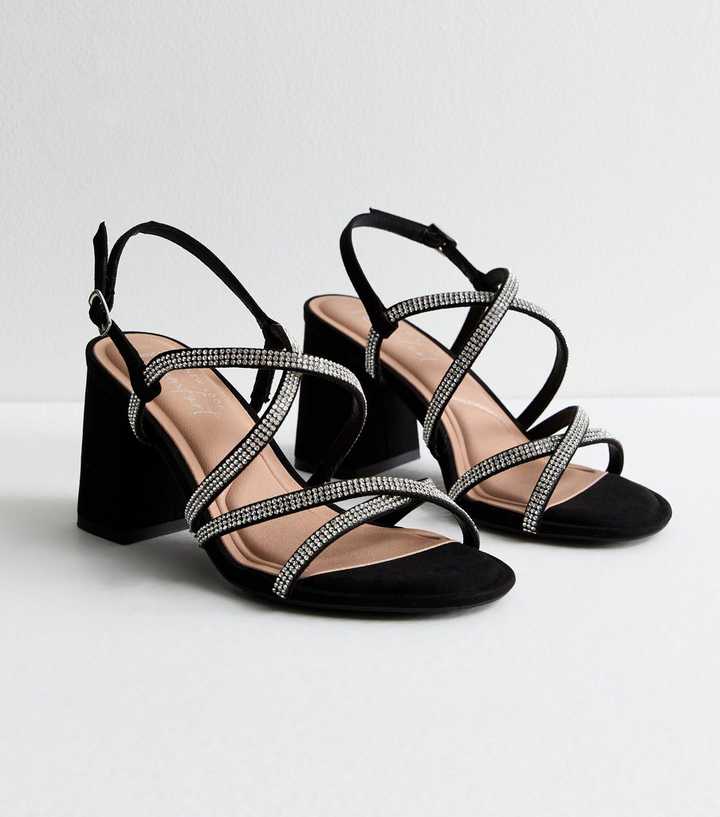 Wide Fit Black Diamanté Strappy Block Heel Sandals