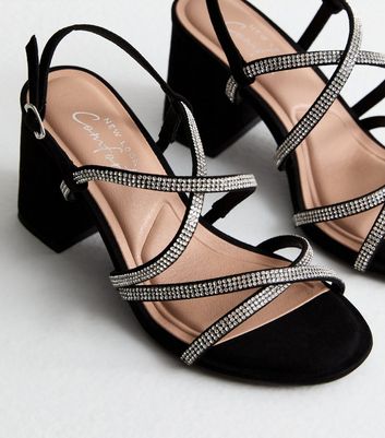 Wide Fit Black Diamante Strappy Block Heel Sandals New Look