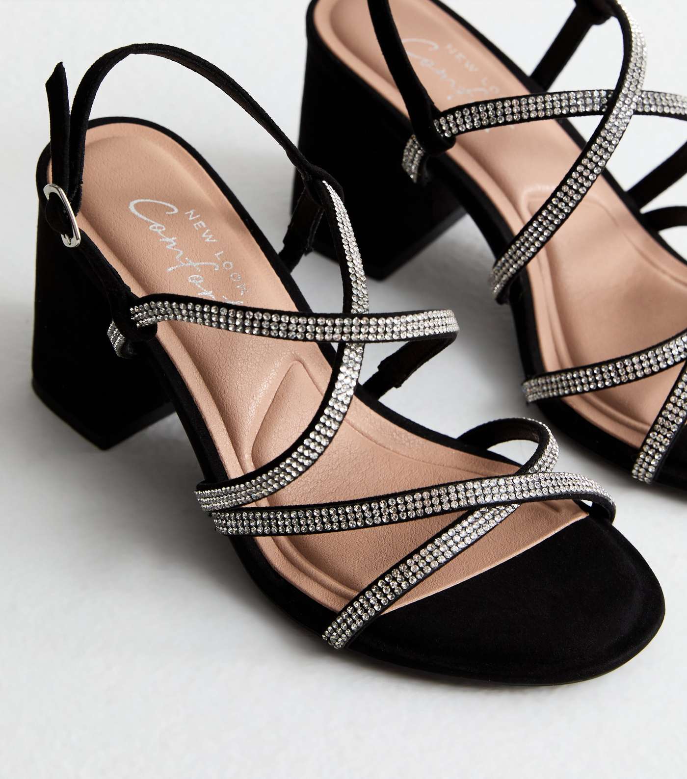 Wide Fit Black Diamanté Strappy Block Heel Sandals Image 5