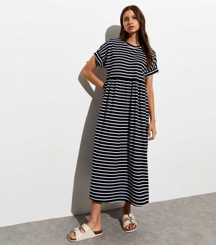 Black Cotton Stripe Midi Smock Dress