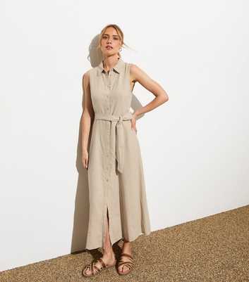 Stone Sleeveless Linen-Blend Buttoned Midi Shirt Dress