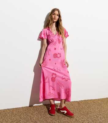Pink Abstract Print V Neck Midi Dress