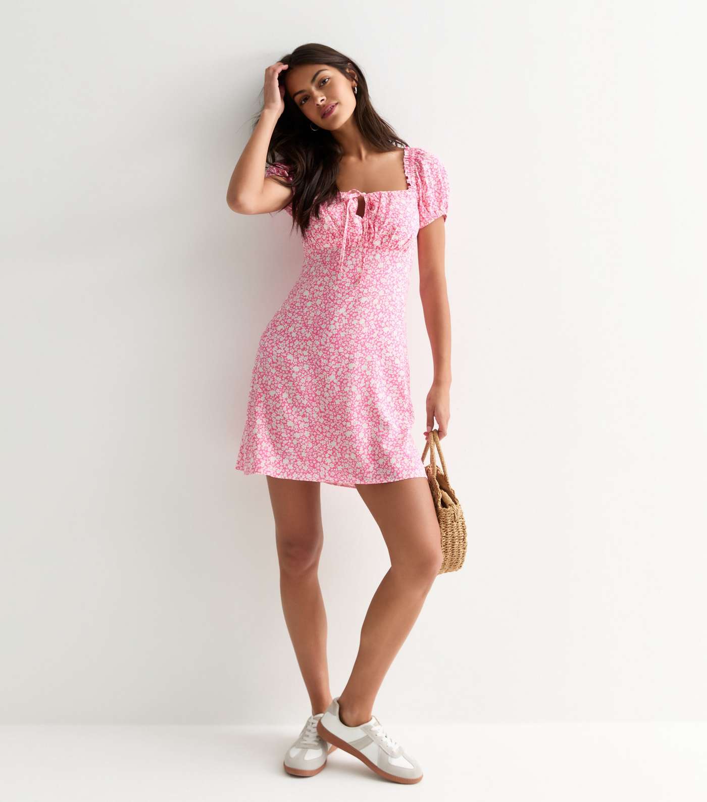 Pink Ditsy Floral Milkmaid Mini Dress Image 3