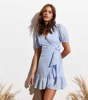 Pale Blue Cotton Embroidered Wrap Mini Dress