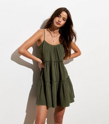 Khaki Strappy Tiered Mini Dress