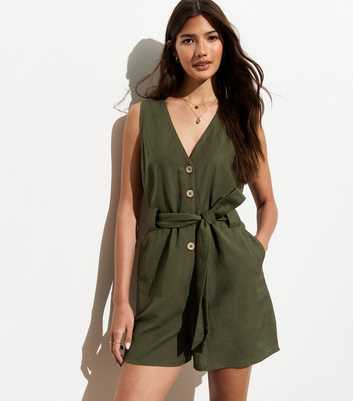 Khaki V Neck Belted Cotton Linen-Look Playsuit