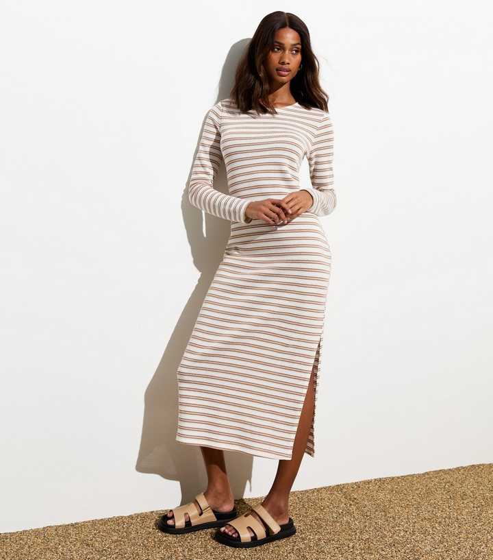 Brown Stripe Knit Split Hem Midi Dress | New Look 
