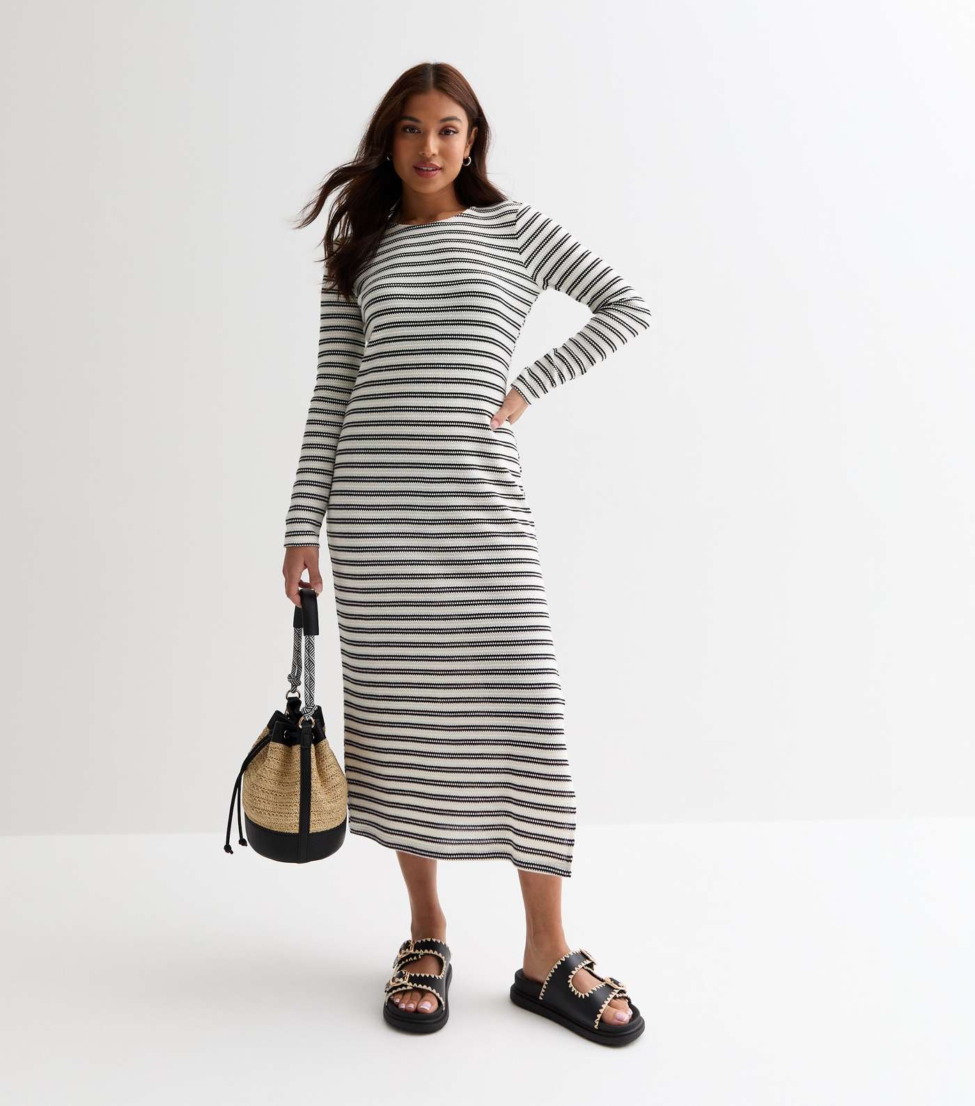 Petite Stripe Long Sleeve Split Hem Midi Dress Image 3