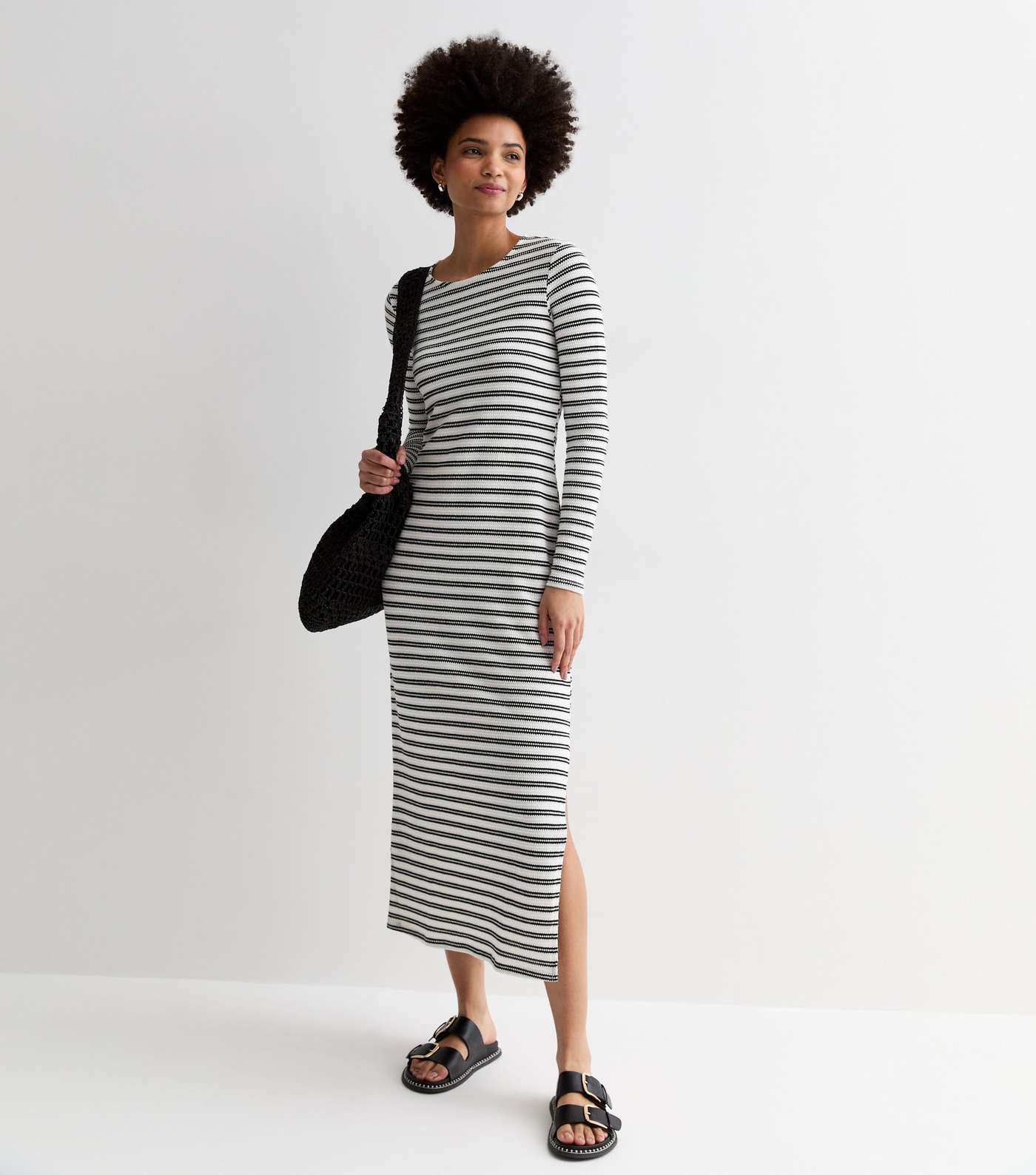 Tall White Stripe Fine Knit Split Hem Midi Dress Image 3