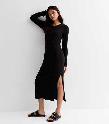 Black Ribbed Knit Long Sleeve Split Hem Midi Dress