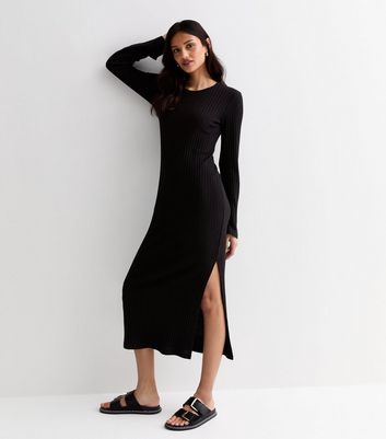 Black ribbed dress long sleeve best sale