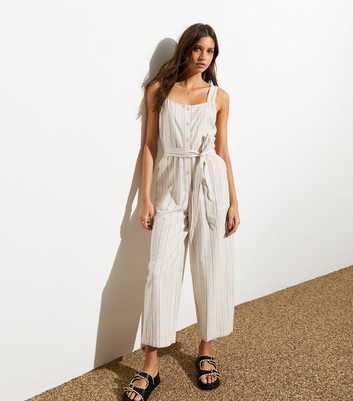 White Buttoned Stripe Print Belted Crop Leg Jumpsuit 