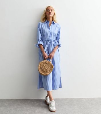 Blue Stripe Belted Midi Shirt Dress New Look