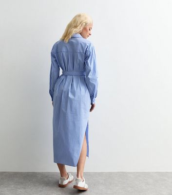 Blue Stripe Belted Midi Shirt Dress New Look