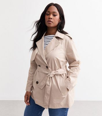 Curves Stone Belted Cotton Short Trench Coat New Look