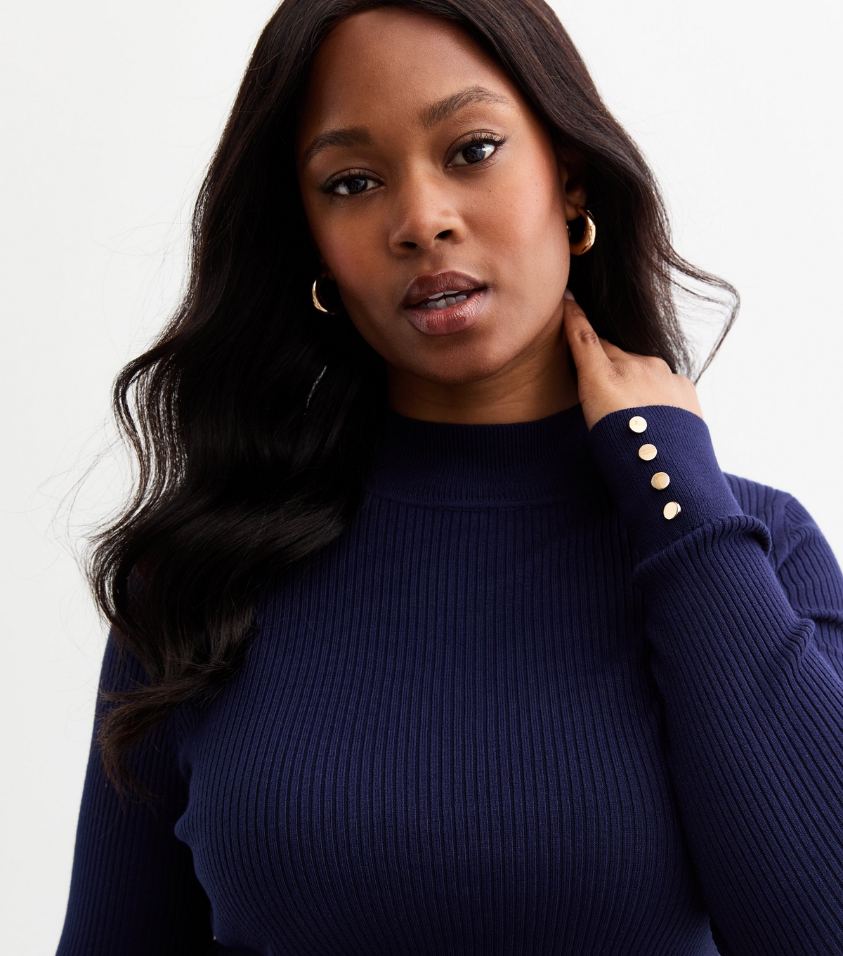 Women's Plus Size Navy Button Detail Rib Knitted Jumper Curves New Look