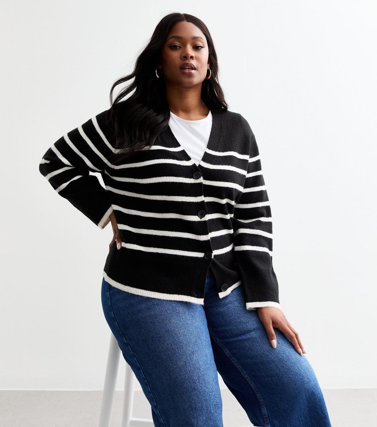 Women's Plus Size Black Stripe Button Up Cardigan Curves New Look