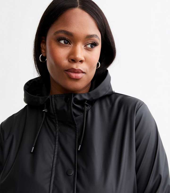 Curves Black Hooded Rain Coat New Look