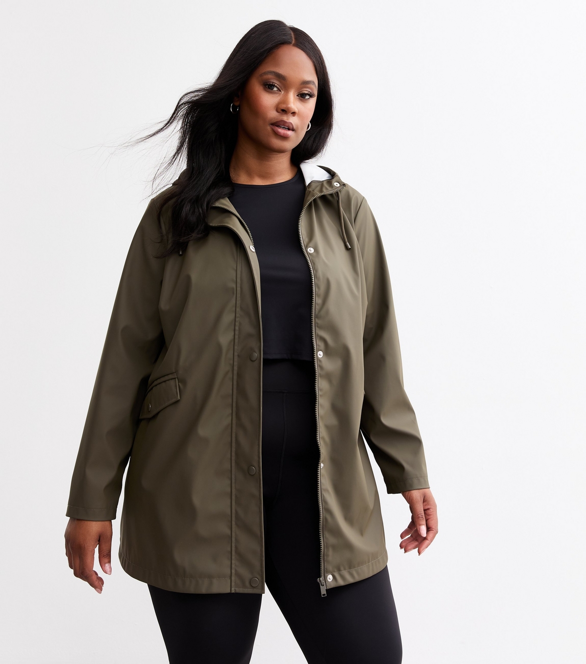 Women's Plus Size Khaki Hooded Rain Coat Curves New Look