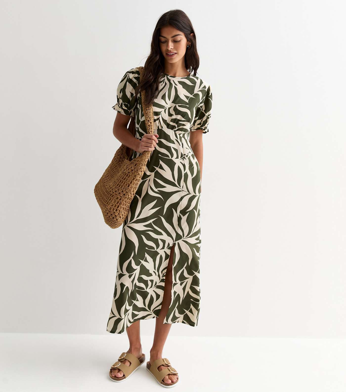 Green Leaf Print Split Hem Midi Dress Image 2