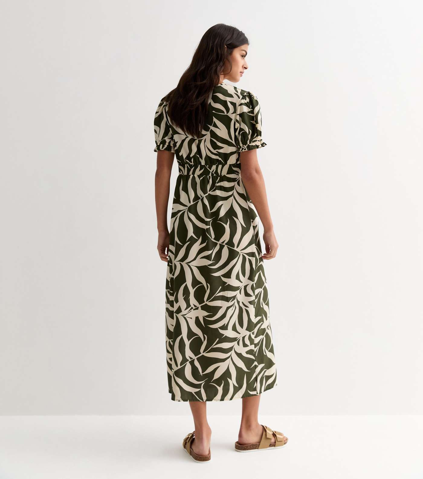 Green Leaf Print Split Hem Midi Dress Image 4