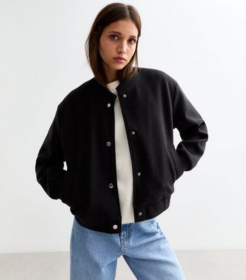 Black Brushed Crop Bomber Jacket New Look