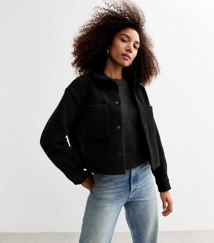 Womens Jacket Women's Cropped Shacket Black Textured Cropped
