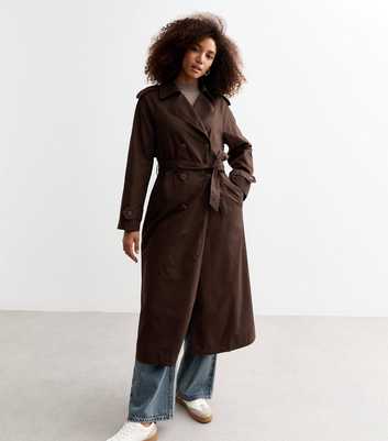 Brown Double-Breasted Lined Cotton Trench Coat 