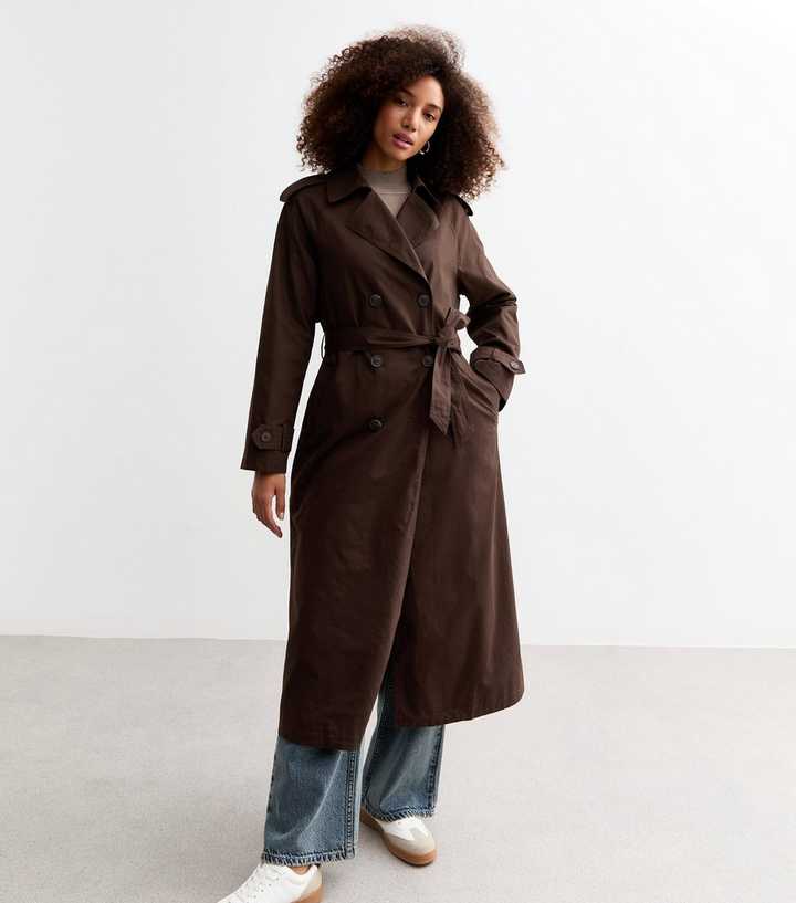 Trench Coat Cotton Long Jackets For Women's Brown Double