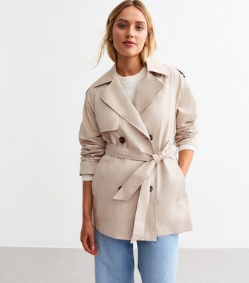 Stone Belted Cotton Short Trench Coat New Look