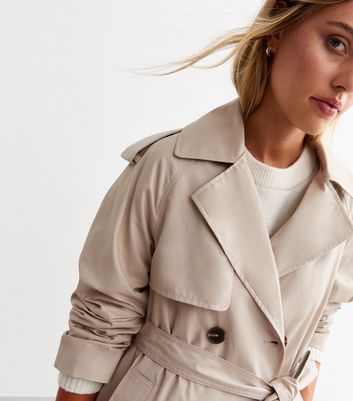 Stone Belted Cotton Short Trench Coat New Look