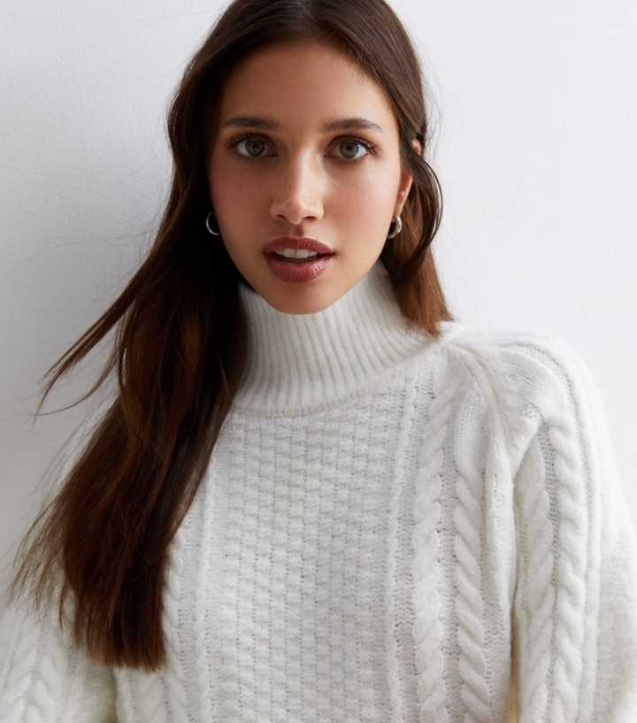 Women's High Neck Cable Knit Jumper in Off White