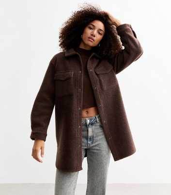 Dark Brown Textured Press Stud Shacket