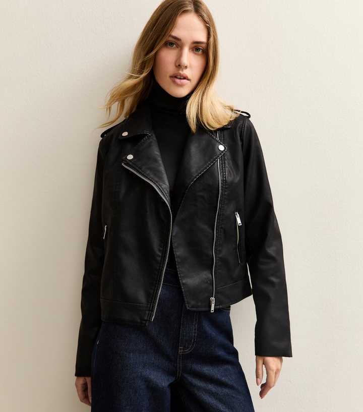 Black Leather-Look Biker Jacket