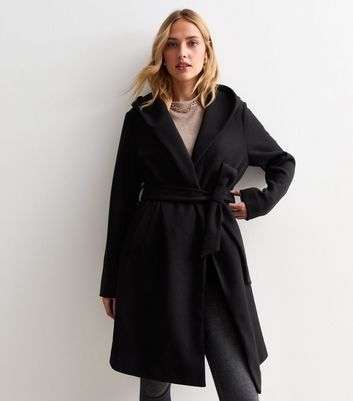 Black wrap coat with hood on sale