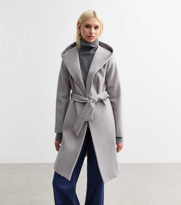 Next Gray Wrap Coat Pale Grey Unlined Hooded Wrap Coat