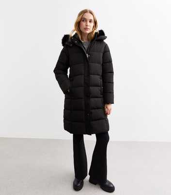 Black Faux Fur Trim Hood Long Puffer Coat