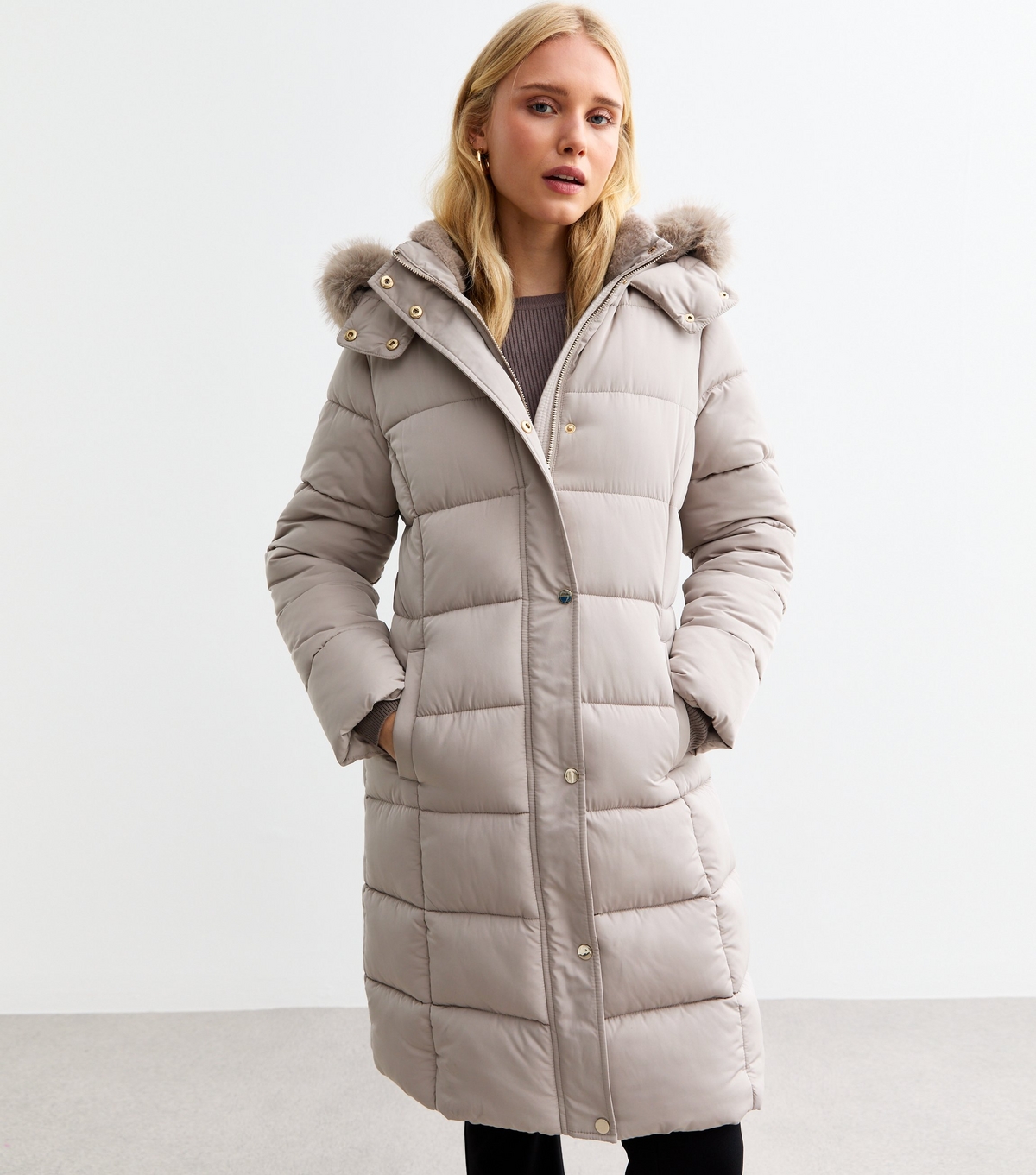 Women's Mink Faux Fur Trim Hood Long Puffer Coat New Look