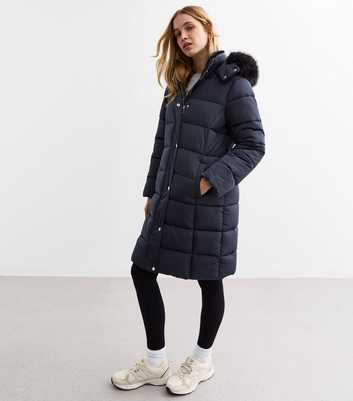 Navy Faux Fur Trim Hood Long Puffer Coat