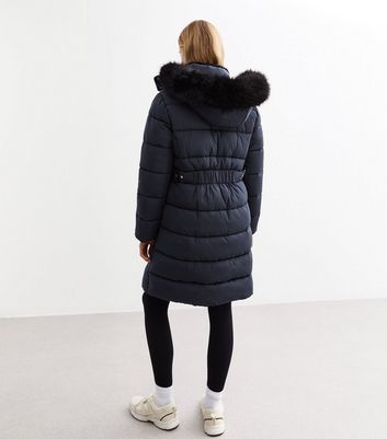 Navy Faux Fur Trim Hood Long Puffer Coat New Look